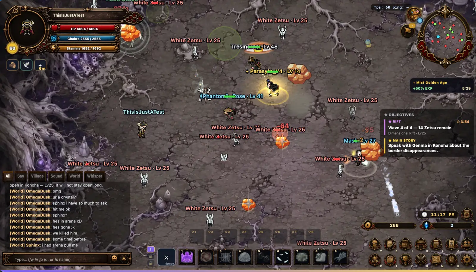 Players fighting pale husks on the final wave of a Dimensional Rift, with damage numbers on screen