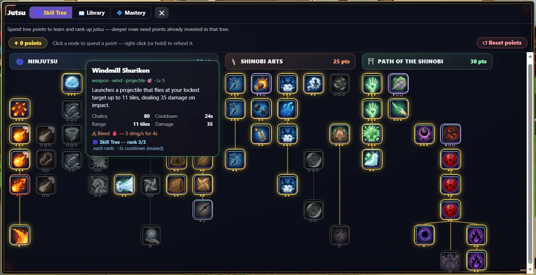 The skill tree, showing a jutsu's damage, range and cooldown