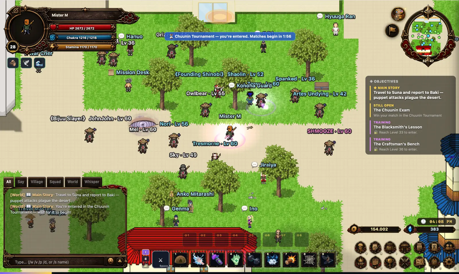 A village square busy with players, several wearing earned titles above their names