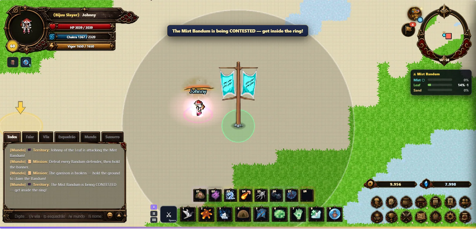 Contesting a rival village's territory banner, with live influence bars